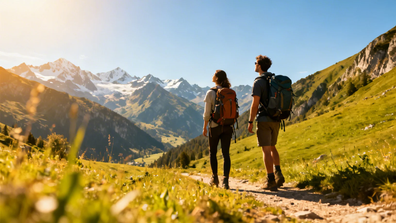 Randonneurs contemplant un panorama alpin