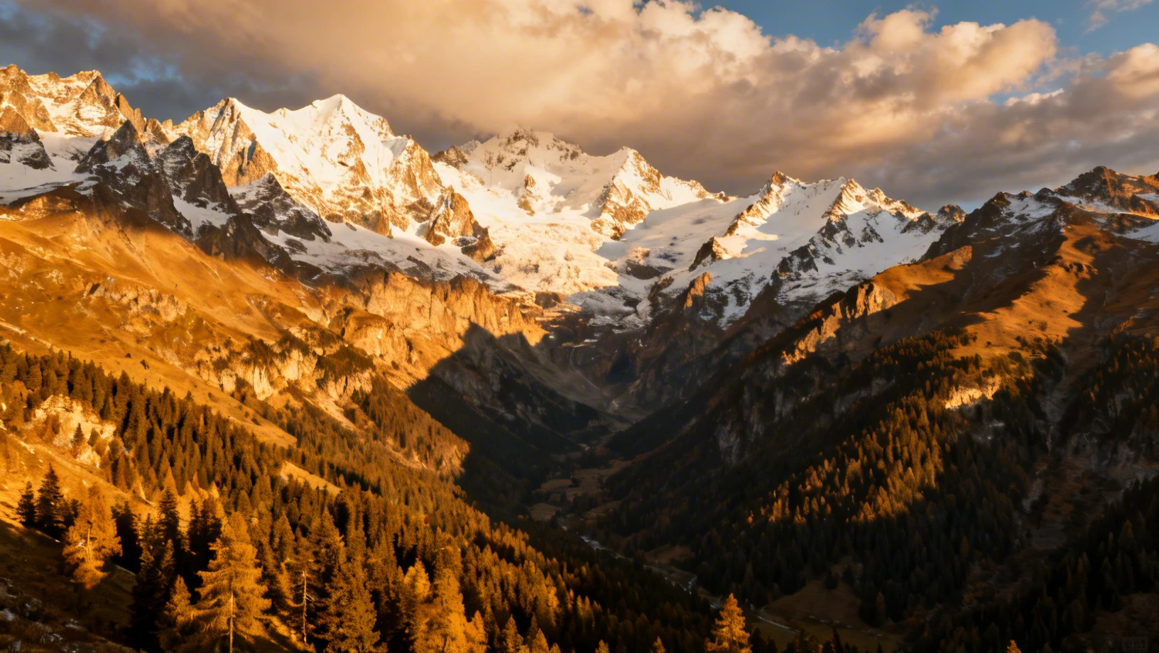 Panorama des Alpes enneigées au coucher du soleil